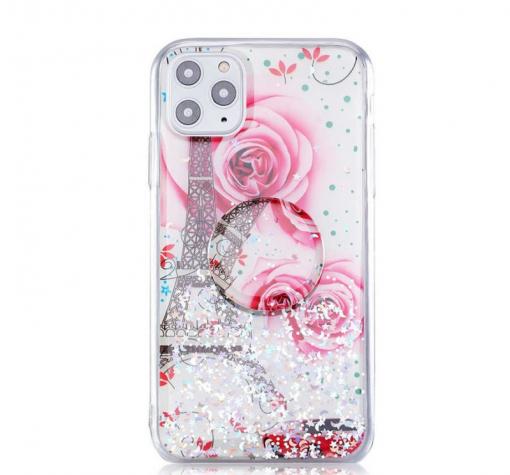 Луксозен силиконов калъф / гръб / RUBY TPU с Popsocket за Apple iPhone 11 6.1" - бял / Tour Eiffel and Roses