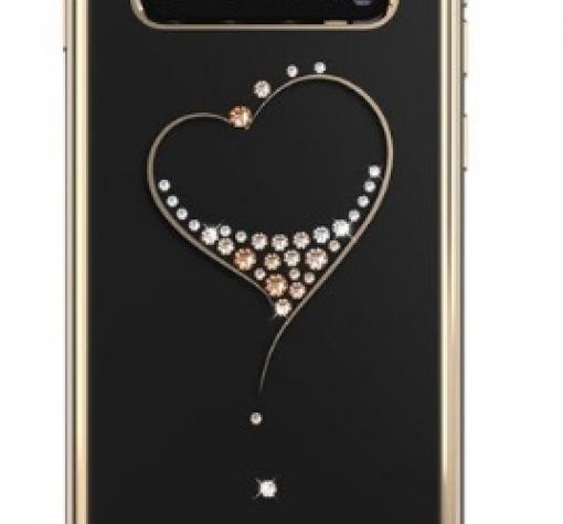 Луксозен твърд гръб KINGXBAR Swarovski Diamond за Samsung S10 - прозрачен със златист кант / сърце