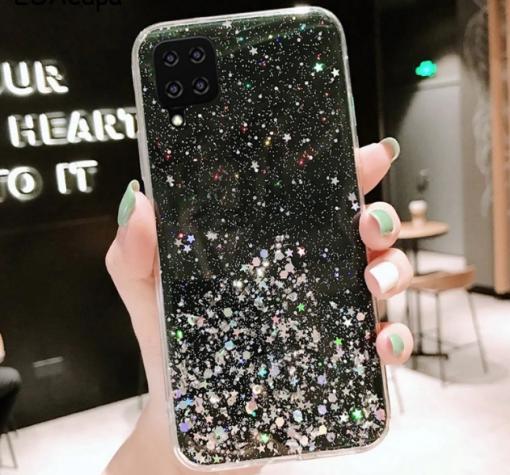 Силиконов калъф / гръб / TPU Brillant Clear Case за Samsung A12 - черен / сребрист брокат