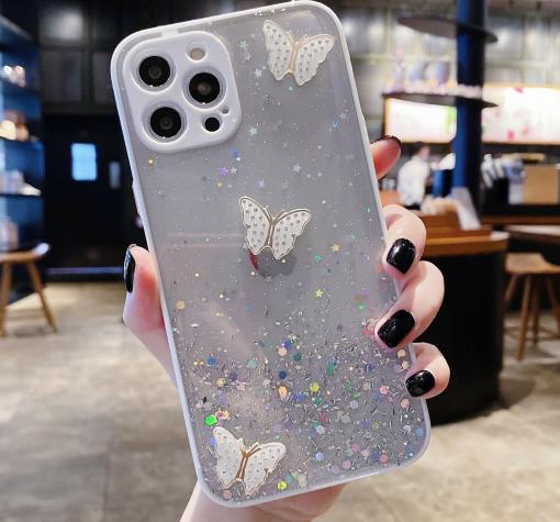 Луксозен твърд кейс със силиконов кант и брокат за Apple iPhone 11 6.1'' - прозрачен / пеперуди / бял кант