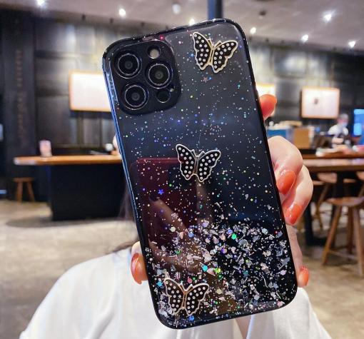 Луксозен твърд гръб със силиконов кант и брокат за Apple iPhone 12 /12 Pro 6.1'' - прозрачен кейс / пеперуди / черен кант