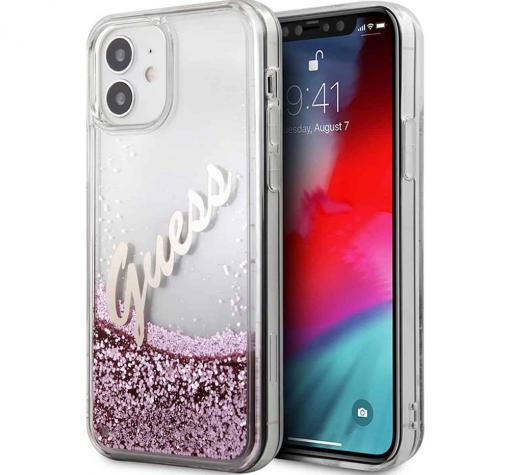 Оригинален кейс 3D Guess Glitter Vintage Case за Apple iPhone 12 Mini 5.4" - розов брокат