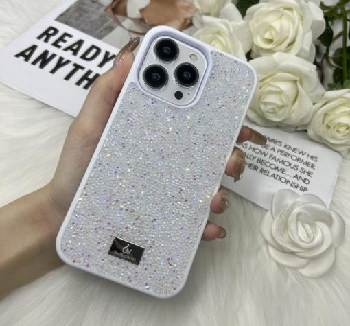 Луксозен твърд гръб Swarovski за Apple iPhone 15 (6.1) - бял / камъни