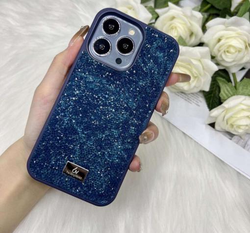 Луксозен твърд гръб Swarovski за Apple iPhone 15 (6.1) - тъмно син / камъни