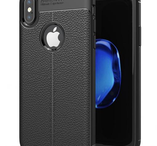 Луксозен силиконов калъф / гръб / TPU Auto Focus 360° + Nano Glass Protector за Apple iPhone X - черен / имитиращ кожа / лице и гръб