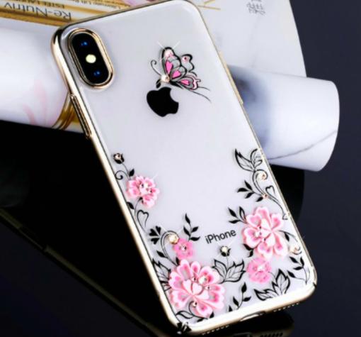Луксозен твърд гръб KAVARO с камъни Swarovski за Apple iPhone X - прозрачен / розови цветя и пеперуда / златист кант