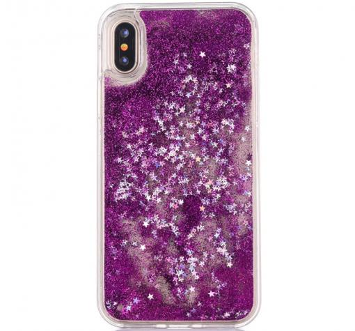 Луксозен твърд гръб 3D за Apple iPhone X - прозрачен / лилав брокат / звездички