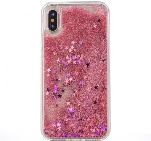 Луксозен твърд гръб 3D за Apple iPhone X - прозрачен / розов брокат / звездички