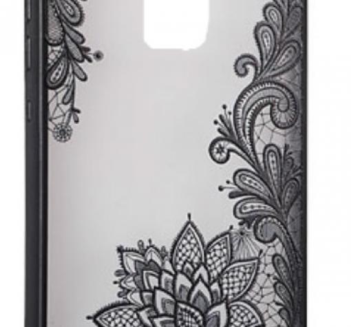 Луксозен твърд гръб за Huawei Y7 - прозрачен / черен кант / цвете / черна дантела