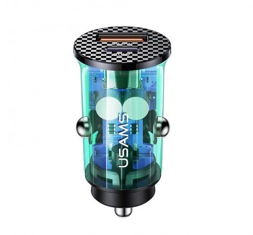 Универсално зарядно за кола USAMS US-CC127 42.5W USB 22.5W+PD 20W Mini Fast Car Charger - синьо
