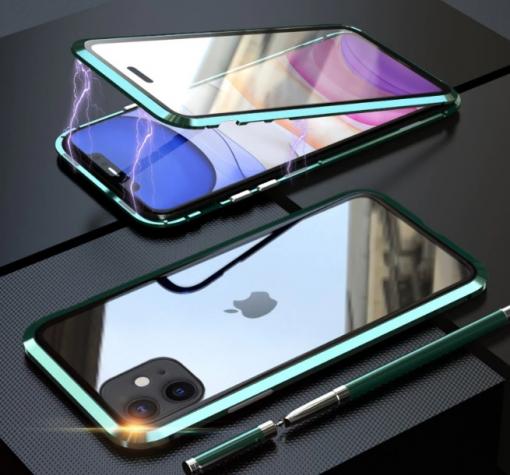 Магнитен калъф Bumper Case 360° FULL за Apple iPhone 11 6.1'' - прозрачен / зелена рамка