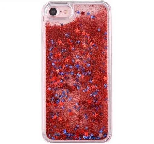 Луксозен твърд гръб 3D за Apple iPhone 6 / iPhone 6S - прозрачен / червен брокат / звездички
