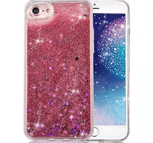 Луксозен твърд гръб 3D за Apple iPhone 7 / iPhone 8 - прозрачен / розов брокат / звездички