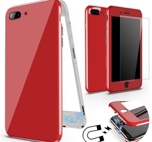 Магнитен калъф Bumper Case 360° FULL със стъклен протектор за Apple iPhone 7 Plus / iPhone 8 Plus - червен