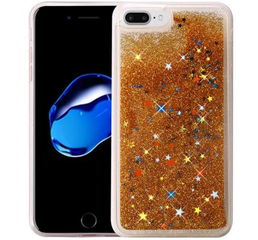 Луксозен твърд гръб 3D за Apple iPhone 7 Plus / iPhone 8 Plus - прозрачен / златист брокат / звездички