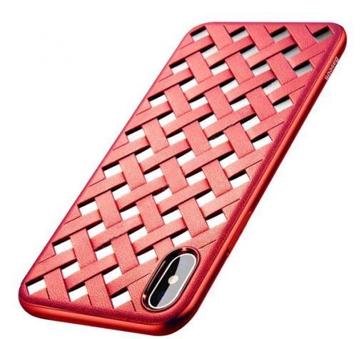Луксозен силиконов калъф / гръб / TPU BASEUS Paper-Cut Case за Apple iPhone X - червена плетеница / имитиращ кожа