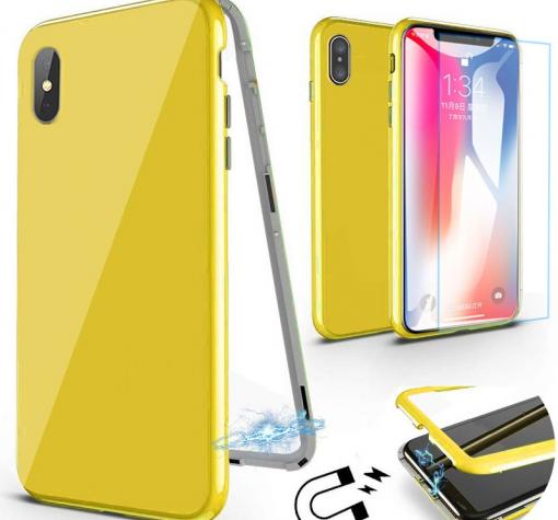 Магнитен калъф Bumper Case 360° FULL със стъклен протектор за Apple iPhone X / iPhone XS - жълт