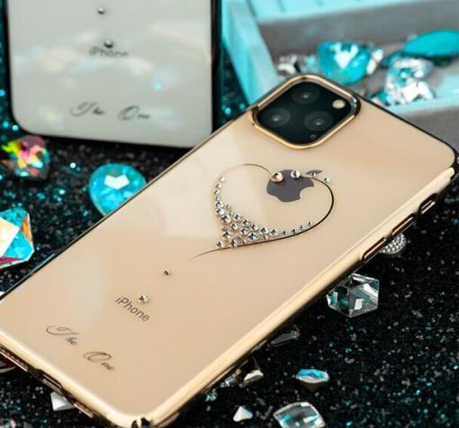 Луксозен твърд гръб KINGXBAR Swarovski Diamond за Apple iPhone 12 /12 Pro 6.1'' - прозрачен със златен кант / сърце