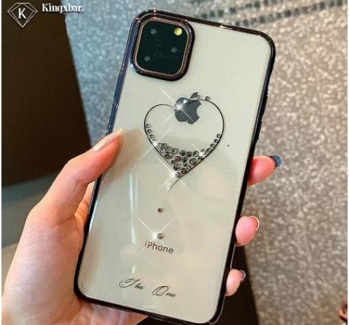 Луксозен твърд гръб KINGXBAR Swarovski Diamond за Apple iPhone 12 mini 5.4" - прозрачен с черен кант / сърце