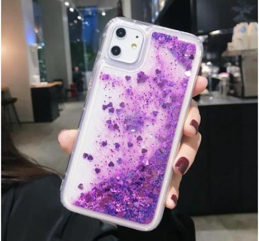 Луксозен гръб 3D Water Case за Samsung A12 - прозрачен / течен гръб с лилав брокат / сърца