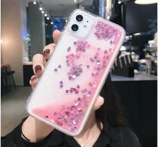 Луксозен гръб 3D Water Case за Samsung S21 - прозрачен / течен гръб с розов брокат / сърца