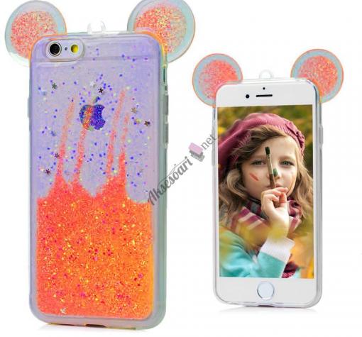 Луксозен силиконов калъф / гръб / TPU 3D за Apple iPhone 6 / iPhone 6S - прозрачен / оранжев брокат / миши ушички