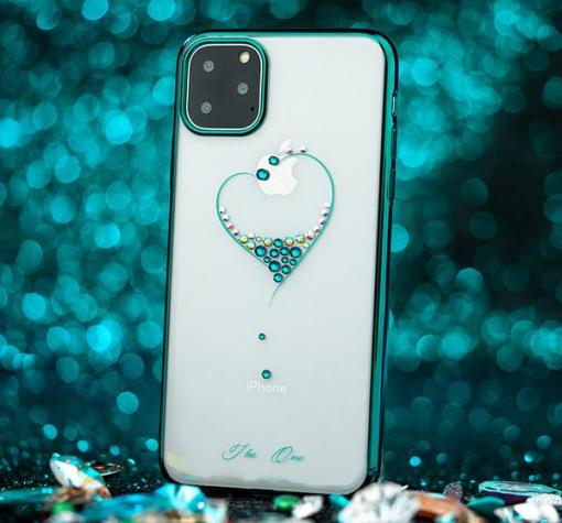 Луксозен твърд гръб KINGXBAR Swarovski Diamond за Apple iPhone 11 Pro Max 6.5'' - прозрачен / тюркоаз кант / сърце