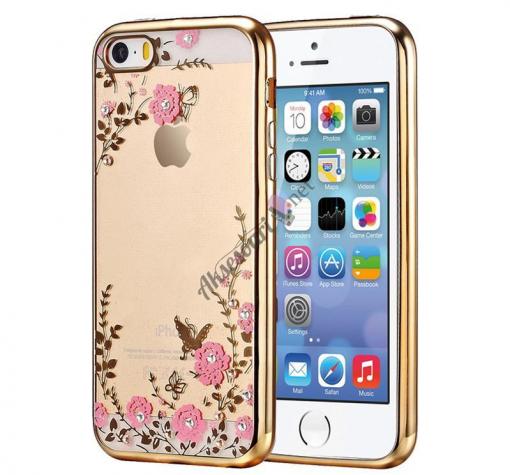 Луксозен силиконов калъф / гръб / TPU с камъни за Apple iPhone 7 - прозрачен / розови цветя / златист кант