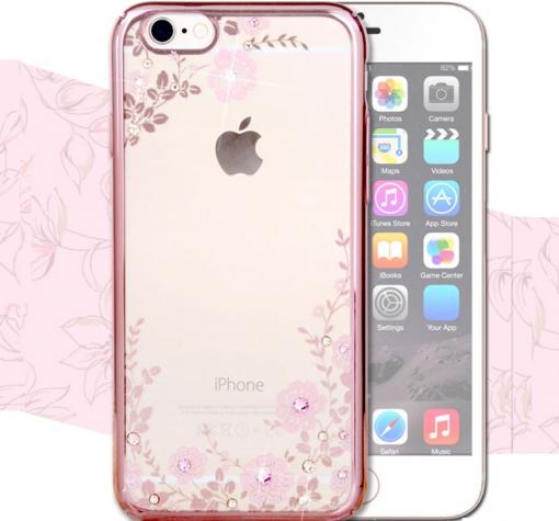 Луксозен твърд гръб KAVARO с камъни Swarovski за Apple iPhone 6 / iPhone 6S - прозрачен / розови цветя / Rose Gold кант
