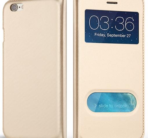 Кожен калъф Flip тефтер S-View със стойка за Apple iPhone 6 Plus / iPhone 6S Plus - златист