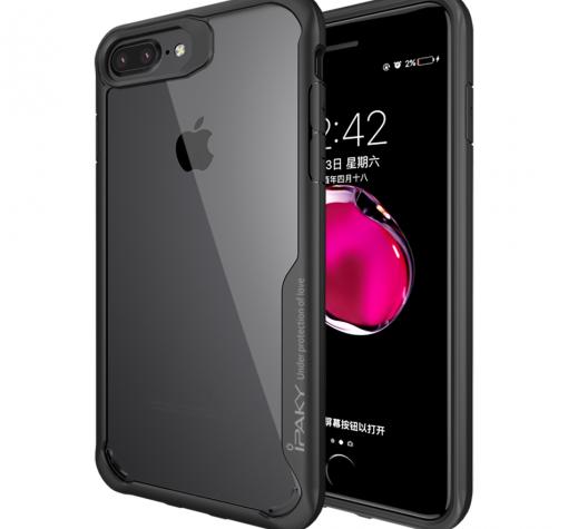 Луксозен твърд гръб със силиконов кант IPAKY за Apple iPhone 7 Plus / iPhone 8 Plus - прозрачен / черен кант