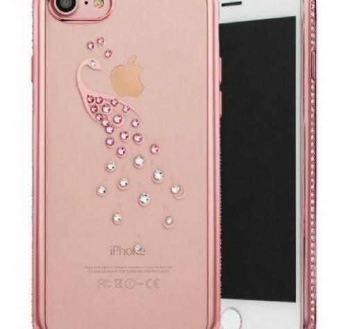 Луксозен силиконов калъф / гръб / TPU с камъни за Apple iPhone 7- прозрачен с Rose Gold кант / паун