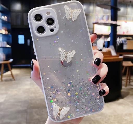 Луксозен твърд кейс със силиконов кант и брокат за Apple iPhone 7 / iPhone 8 / iPhone SE2 2020 - прозрачен / пеперуди / бял кант