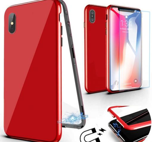 Магнитен калъф Bumper Case 360° FULL със стъклен протектор за Apple iPhone X / iPhone XS - червен