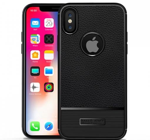 Луксозен силиконов калъф / гръб / TPU за Apple iPhone X - черен / имитиращ кожа / Rugged Armor