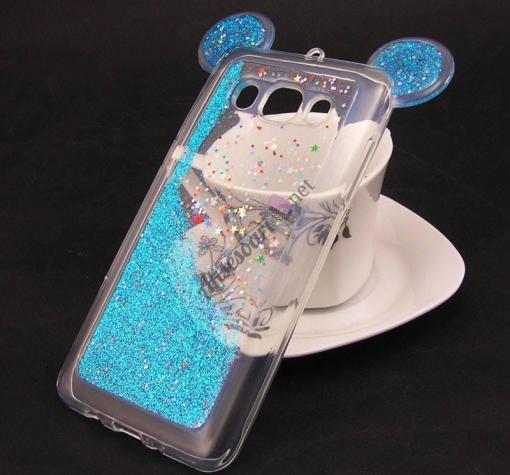 Луксозен силиконов калъф / гръб / TPU 3D за Samsung J3 / J3 2016 J320 - прозрачен / син брокат / миши ушички