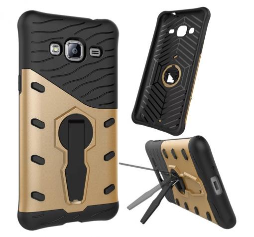 Силиконов гръб TPU Hybrid с твърда част и 360° въртяща стойка за Samsung J3 / J3 2016 J320 - черно и златисто