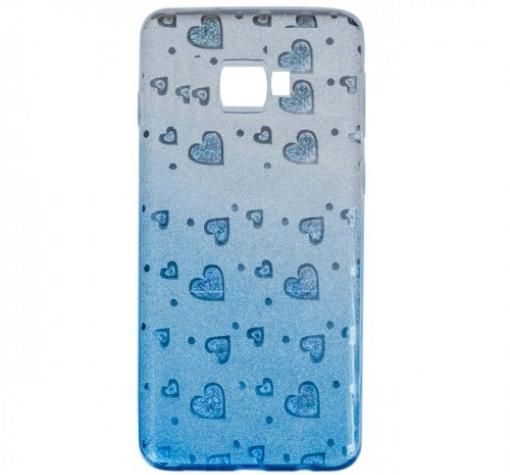 Силиконов калъф / гръб / TPU за Samsung J4 Plus 2018 - преливащ / сребристо и синьо / сърца / брокат