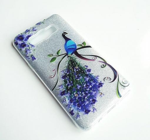 Луксозен силиконов калъф / гръб / TPU за Samsung J5 2016 J510 - сребрист брокат / лилави цветя / паун
