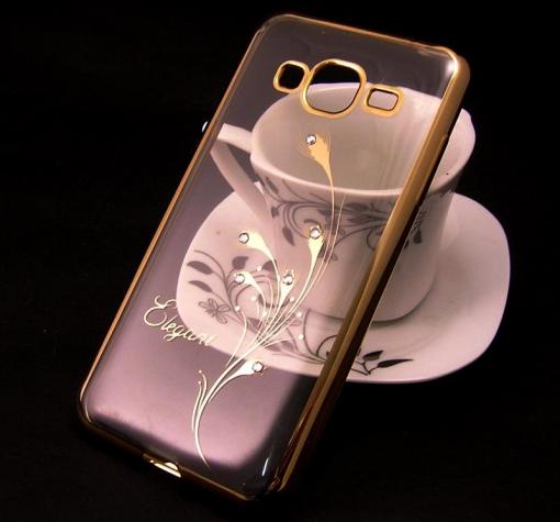 Луксозен силиконов калъф / гръб / TPU / Elegant с камъни за Samsung J5 J500 - прозрачен със златист кант / перо