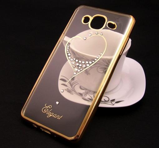 Луксозен силиконов калъф / гръб / TPU / Elegant с камъни за Samsung J5 J500 - прозрачен със златист кант / сърце