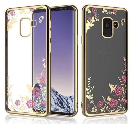 Луксозен силиконов калъф / гръб / TPU с камъни за Samsung J6 2018 - прозрачен / розови цветя / златист кант