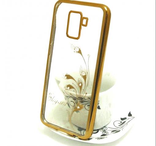 Луксозен силиконов калъф / гръб / TPU / Elegant с камъни за Samsung J6 Plus 2018 - прозрачен със златист кант / перо