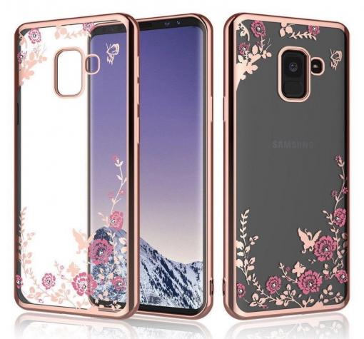 Луксозен силиконов калъф / гръб / TPU с камъни за Samsung J6 Plus 2018 - прозрачен / розови цветя / розов кант