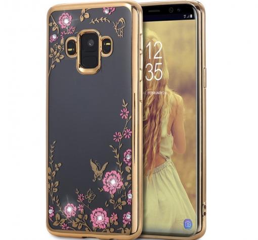 Луксозен силиконов калъф / гръб / TPU с камъни за Samsung J7 Duo 2018 - прозрачен / розови цветя / златист кант