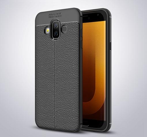 Луксозен силиконов калъф / гръб / TPU за Samsung J7 Duo 2018 - черен / имитиращ кожа