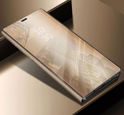 Луксозен калъф Clear View Cover с твърд гръб за Samsung J8 2018 - златист