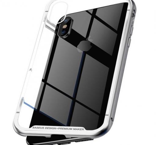 Луксозен твърд гръб BASEUS Magnetic Hardware за Apple iPhone X - прозрачен / сребрист кант