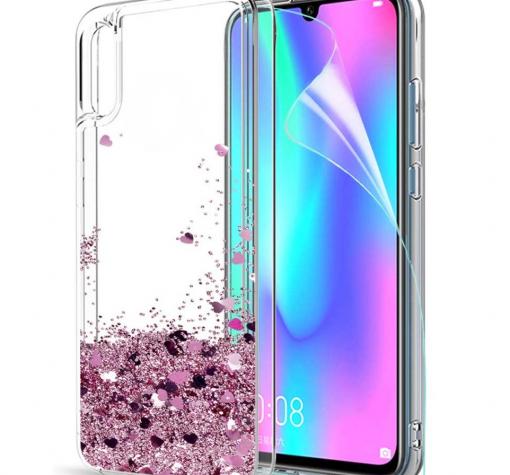 Луксозен твърд гръб 3D Water Case за Xiaomi Redmi 7A - прозрачен / течен гръб със светло розов брокат