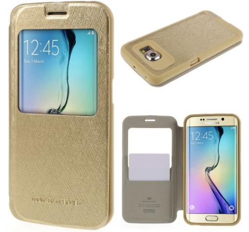 Луксозен кожен калъф Mercury Corporation S-View за Samsung S6 Edge G925 - златист